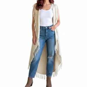 SOMEDAYS LOVIN Boho Fringe Knit Duster Cardigan Vest Cream Longline Size Small